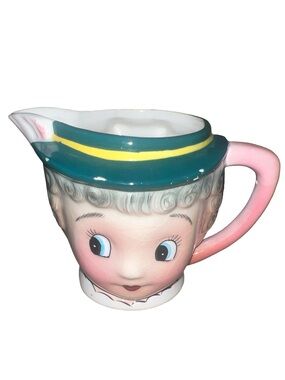 Vintage Kitschy PY Lady Head Ceramic Creamer Black Hat Pink Bow Gray Hair Rare